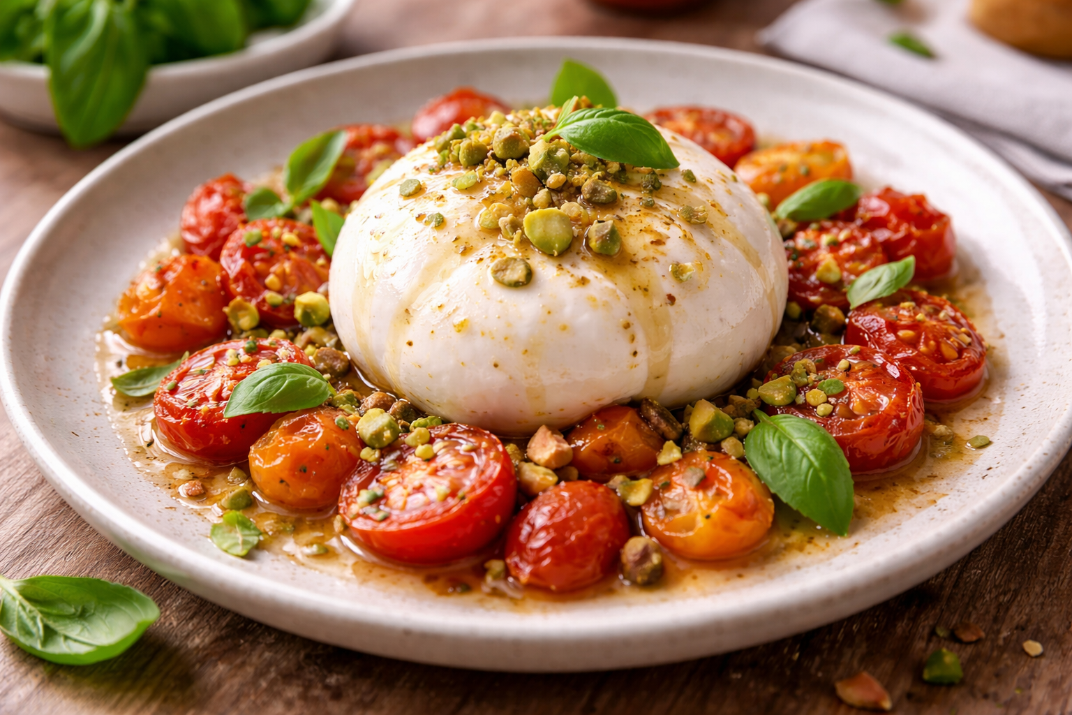 Burratu na toplim rajčicama s medom i pistacijom morate probati!